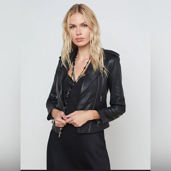 L’AGENCE Jacket black Leather studded Moto Biker Jacket NWT XS - Picture 1 of 12